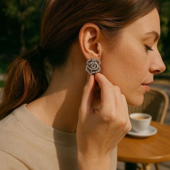 Elegant Chanel Silver Camellia Earrings - Picture 2 of 7